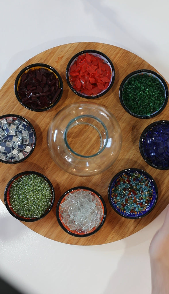 Image of a DIY Turkish Mosaic HomeKit-enabled table lamp.'s materials. Make your own lamp